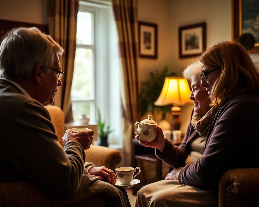 A volunteer sharing tea with an elderly couple in their home